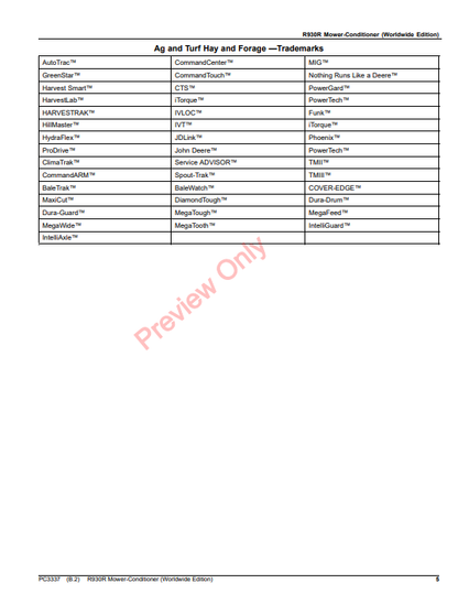 JOHN DEERE R930R MOWER-CONDITIONER (WORLDWIDE EDITION) PC3337 - PARTS CATALOG MANUAL