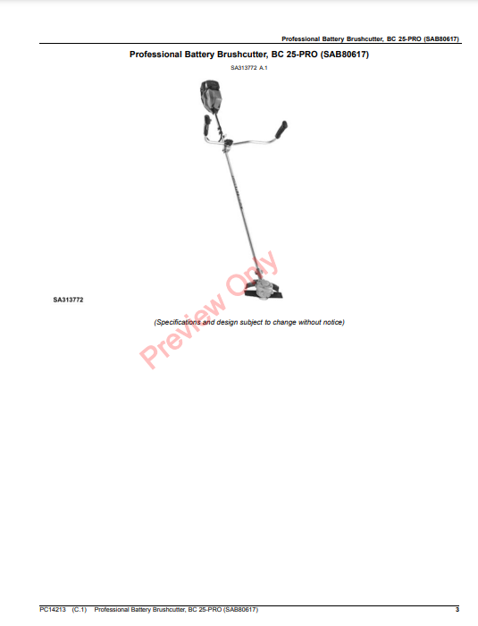 JOHN DEERE PROFESSIONAL BATTERY BRUSHCUTTER, BC 25-PRO (SAB80617) PC14213 - PARTS CATALOG MANUAL