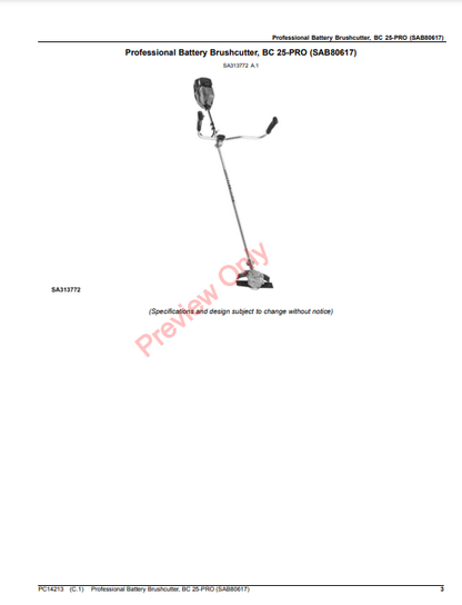 JOHN DEERE PROFESSIONAL BATTERY BRUSHCUTTER, BC 25-PRO (SAB80617) PC14213 - PARTS CATALOG MANUAL