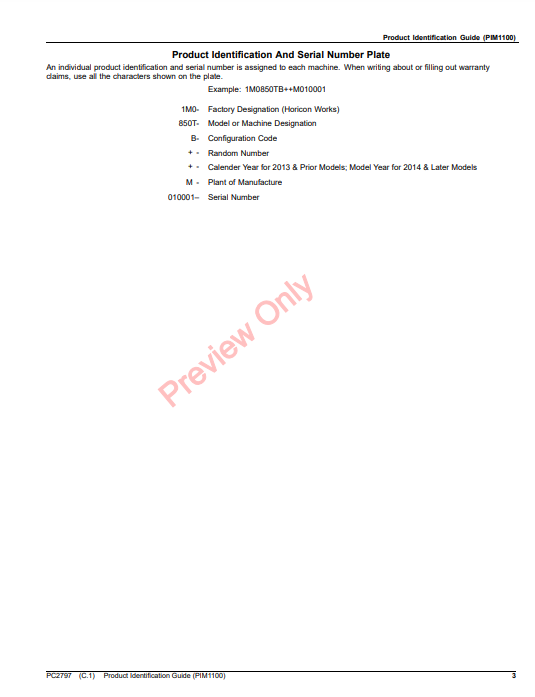 JOHN DEERE PRODUCT IDENTIFICATION NUMBER GUIDE PC2797 - PARTS CATALOG MANUAL