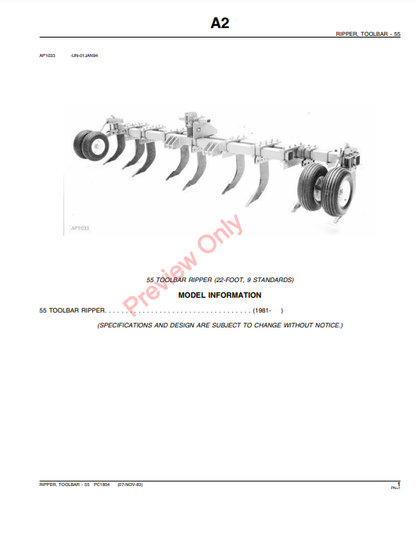 JOHN DEERE 55 TOOLBAR RIPPER PC1854 - PARTS CATALOG MANUAL