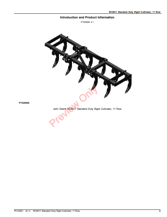 JOHN DEERE RC5011 STANDARD DUTY RIGID CULTIVATOR, 11 ROW PC16301 - PARTS CATALOG MANUAL