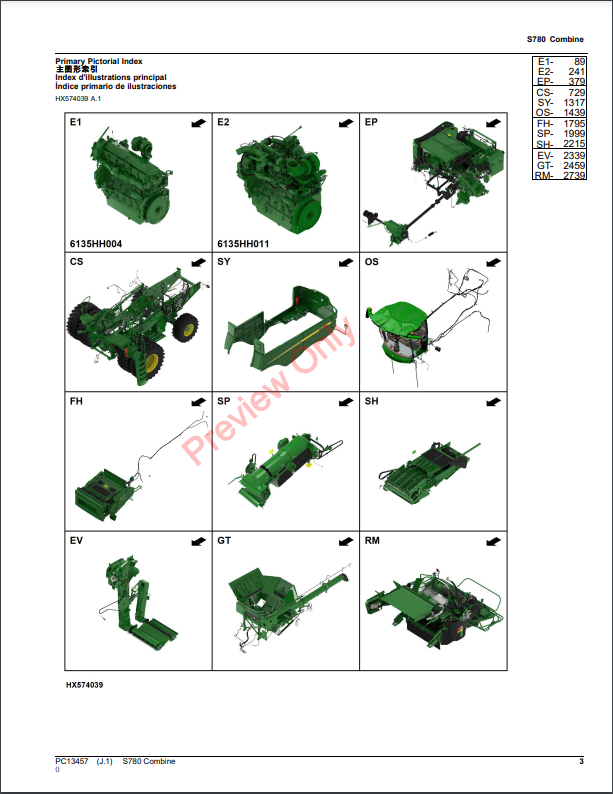 JOHN DEERE S780 COMBINE PC13457 - PARTS CATALOG MANUAL