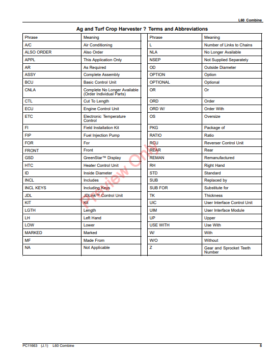 JOHN DEERE L60 COMBINE (CHINESE EDITION) PC11663 - PARTS CATALOG MANUAL