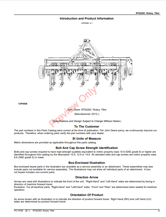 JOHN DEERE RT6220C ROTARY TILLER PC11938 - PARTS CATALOG MANUAL