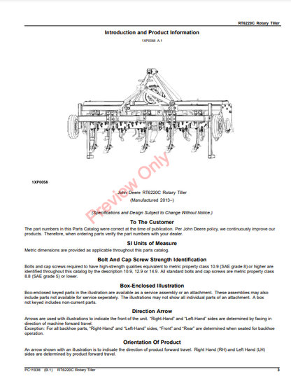 JOHN DEERE RT6220C ROTARY TILLER PC11938 - PARTS CATALOG MANUAL