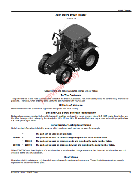 JOHN DEERE 5090R TRACTOR PC13671 - PARTS CATALOG MANUAL