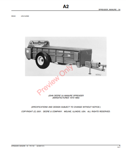 JOHN DEERE 54 MANURE SPREADER PC1154 - PARTS CATALOG MANUAL