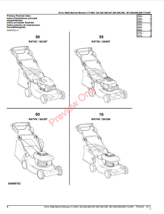 JOHN DEERE 47CM WALK-BEHIND MOWERS 4-CYCLE ENGINE FJ180V, SA385, SA386, SA387, SA394, SA395, SA396, SA397, SA695, SA PC4423 - PARTS CATALOG MANUAL