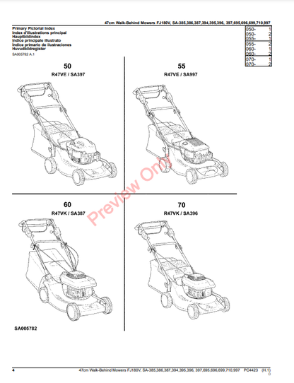 JOHN DEERE 47CM WALK-BEHIND MOWERS 4-CYCLE ENGINE FJ180V, SA385, SA386, SA387, SA394, SA395, SA396, SA397, SA695, SA PC4423 - PARTS CATALOG MANUAL