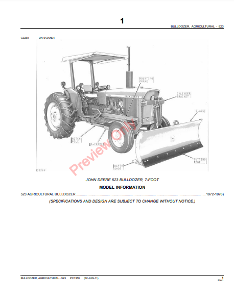 JOHN DEERE 523 AGRICULTURAL BULLDOZER PC1350 - PARTS CATALOG MANUAL