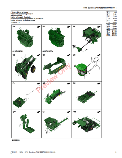 JOHN DEERE S790 COMBINE PC14477 - PARTS CATALOG MANUAL