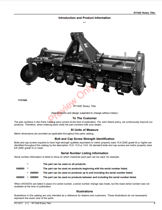 JOHN DEERE RT1028 ROTARY TILLER PC12271 - PARTS CATALOG MANUAL