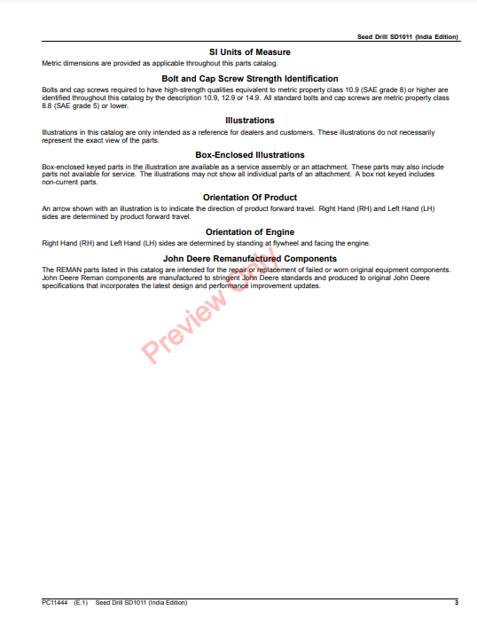 JOHN DEERE SEED DRILL SD1011 (INDIA EDITION) PC11444 - PARTS CATALOG MANUAL
