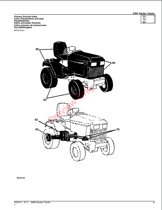 JOHN DEERE X585 GARDEN TRACTOR PC9114 - PARTS CATALOG MANUAL