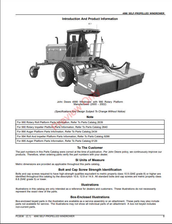 JOHN DEERE 4990 SELF-PROPELLED WINDROWER PC2638 - PARTS CATALOG MANUAL