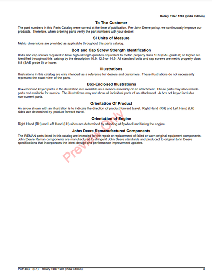 JOHN DEERE ROTARY TILLER 1205 (INDIA EDITION) PC11404 - PARTS CATALOG MANUAL