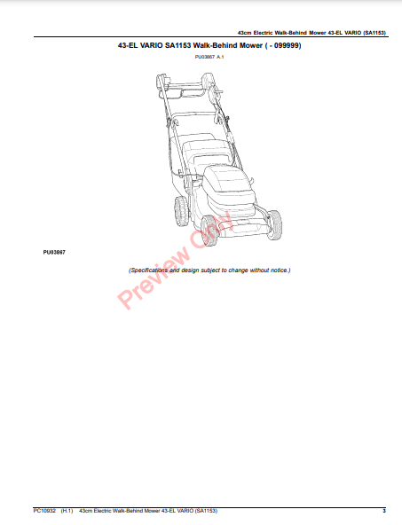 JOHN DEERE 43CM ELECTRIC WALK-BEHIND MOWER 43-EL VARIO (SA1153) PC10932 - PARTS CATALOG MANUAL