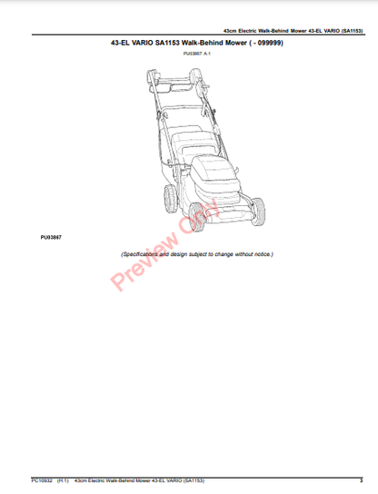 JOHN DEERE 43CM ELECTRIC WALK-BEHIND MOWER 43-EL VARIO (SA1153) PC10932 - PARTS CATALOG MANUAL