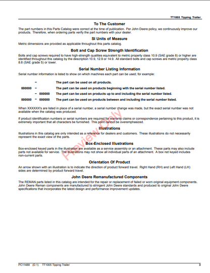 JOHN DEERE TT1005 TIPPING TRAILER PC11488 - PARTS CATALOG MANUAL