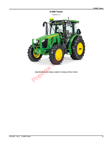 JOHN DEERE 5120M TRACTOR PC16419 - PARTS CATALOG MANUAL