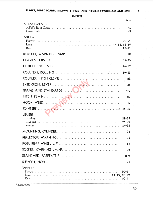 JOHN DEERE 555, 555H THREE-, FOUR-BOTTOM DRAWN MOLDBOARD PLOWS PC524 - PARTS CATALOG MANUAL