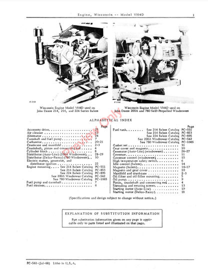 JOHN DEERE VH4D WISCONSIN ENGINE PC561 - PARTS CATALOG MANUAL