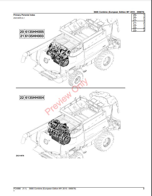 JOHN DEERE S685 COMBINE PC4888 - PARTS CATALOG MANUAL