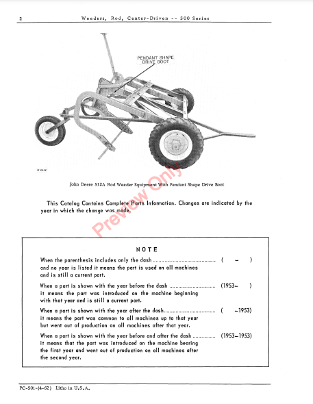 JOHN DEERE CENTER-DRIVEN ROD WEEDERS - 500 SERIES PC501 - PARTS CATALOG MANUAL