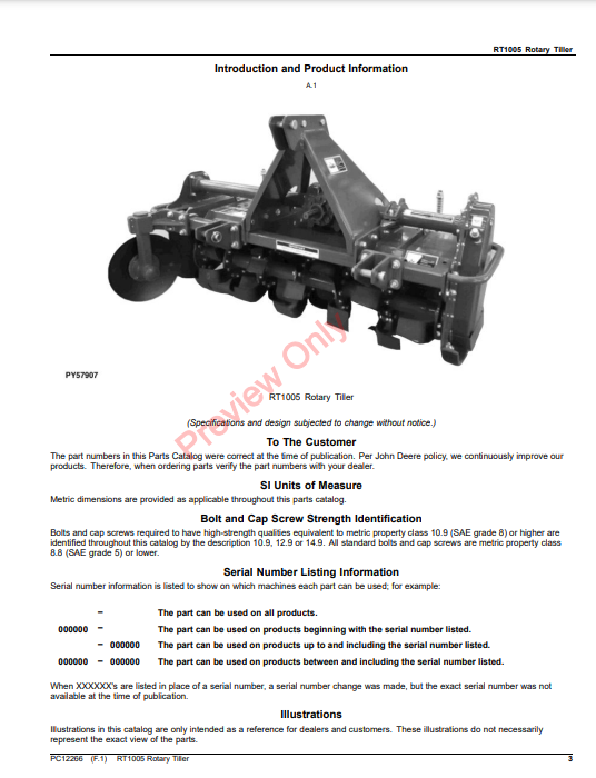 JOHN DEERE RT1005 ROTARY TILLER PC12266 - PARTS CATALOG MANUAL