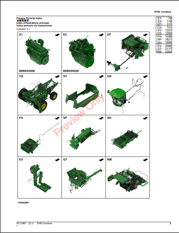 JOHN DEERE S760 COMBINE PC12981 - PARTS CATALOG MANUAL