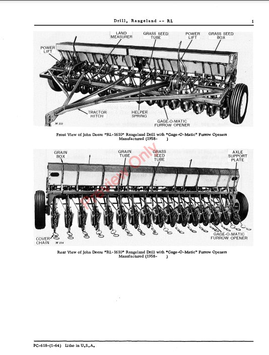 JOHN DEERE RL RANGELAND DRILL PC618 - PARTS CATALOG MANUAL