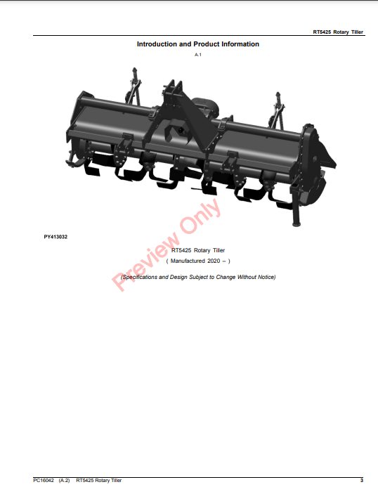 JOHN DEERE RT5425 ROTARY TILLER PC16042 - PARTS CATALOG MANUAL