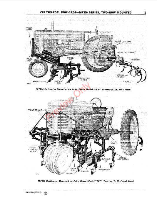 JOHN DEERE MT200 ROW CROP CULTIVATOR - MT200 SERIES PC127 - PARTS CATALOG MANUAL