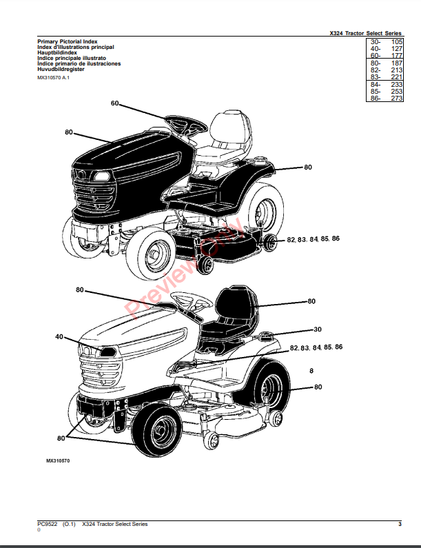 JOHN DEERE X324 TRACTOR SELECT SERIES PC9522 - PARTS CATALOG MANUAL