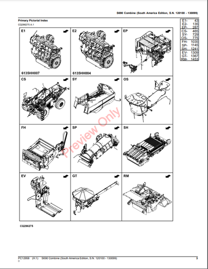 JOHN DEERE S690 COMBINE PC12958 - PARTS CATALOG MANUAL