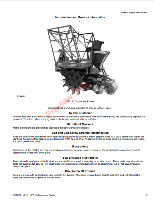 JOHN DEERE SP3130 SUGARCANE PLANTER PC12150 - PARTS CATALOG MANUAL