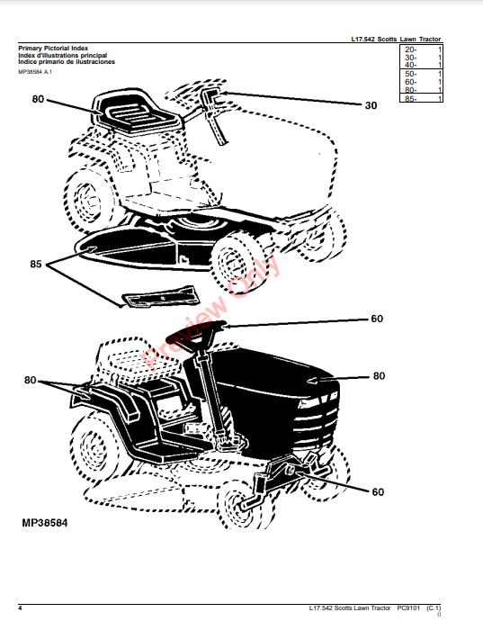 JOHN DEERE L17.542 SCOTTS LAWN TRACTOR PC9101 - PARTS CATALOG MANUAL