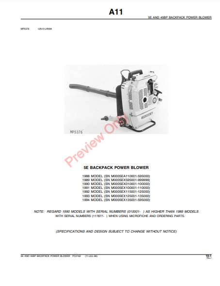 JOHN DEERE 5E AND 45BP BACKPACK POWER BLOWER PC2162 - PARTS CATALOG MANUAL