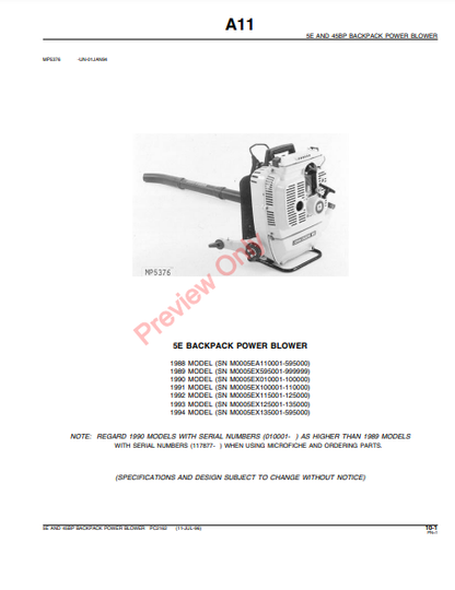 JOHN DEERE 5E AND 45BP BACKPACK POWER BLOWER PC2162 - PARTS CATALOG MANUAL