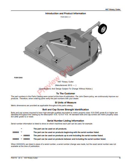 JOHN DEERE HX7 ROTARY CUTTER PC6115 - PARTS CATALOG MANUAL