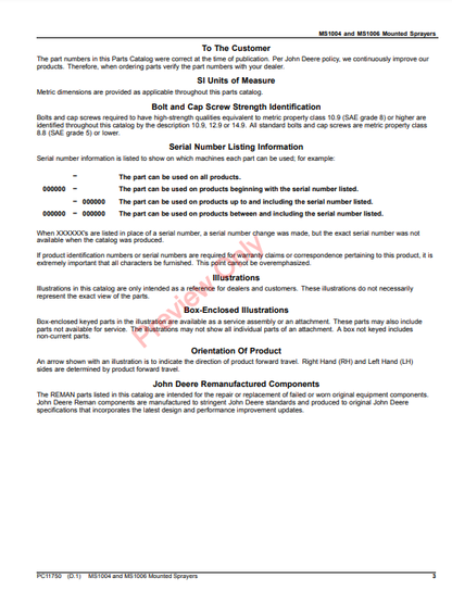 JOHN DEERE MS1004 AND MS1006 MOUNTED SPRAYERS PC11750 - PARTS CATALOG MANUAL