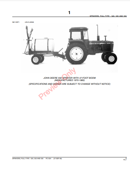 JOHN DEERE 520, 535, 550 PULL-TYPE SPRAYERS PC1224 - PARTS CATALOG MANUAL