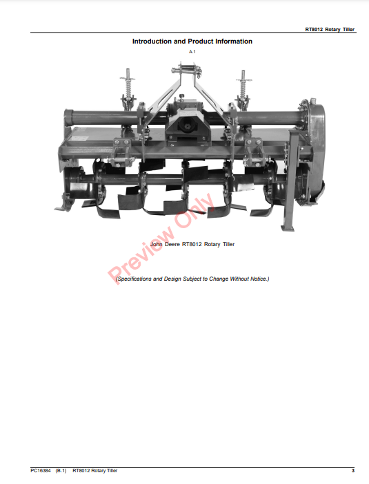 JOHN DEERE RT8012 ROTARY TILLER PC16384 - PARTS CATALOG MANUAL