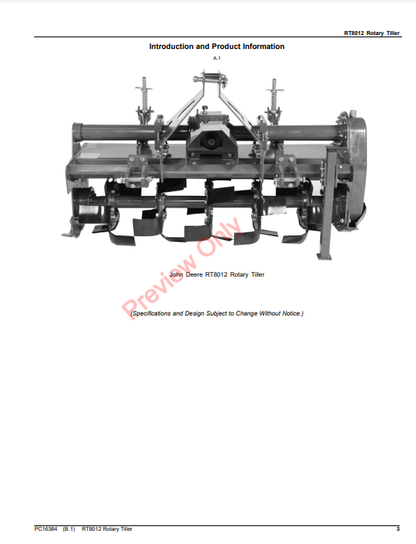 JOHN DEERE RT8012 ROTARY TILLER PC16384 - PARTS CATALOG MANUAL