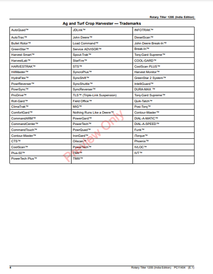 JOHN DEERE ROTARY TILLER 1205 (INDIA EDITION) PC11404 - PARTS CATALOG MANUAL