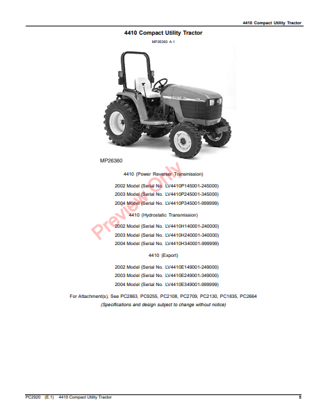 JOHN DEERE 4410 COMPACT UTILITY TRACTOR PC2920 - PARTS CATALOG MANUAL