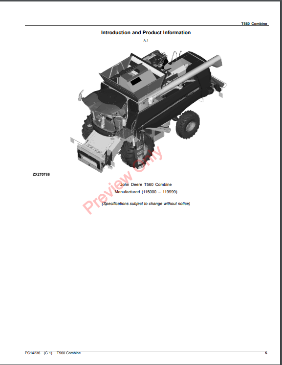 JOHN DEERE T560 COMBINE PC14236 - PARTS CATALOG MANUAL