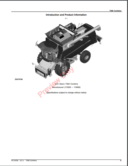 JOHN DEERE T560 COMBINE PC14236 - PARTS CATALOG MANUAL