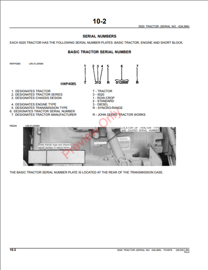 JOHN DEERE 5020 TRACTOR PC0978 - PARTS CATALOG MANUAL